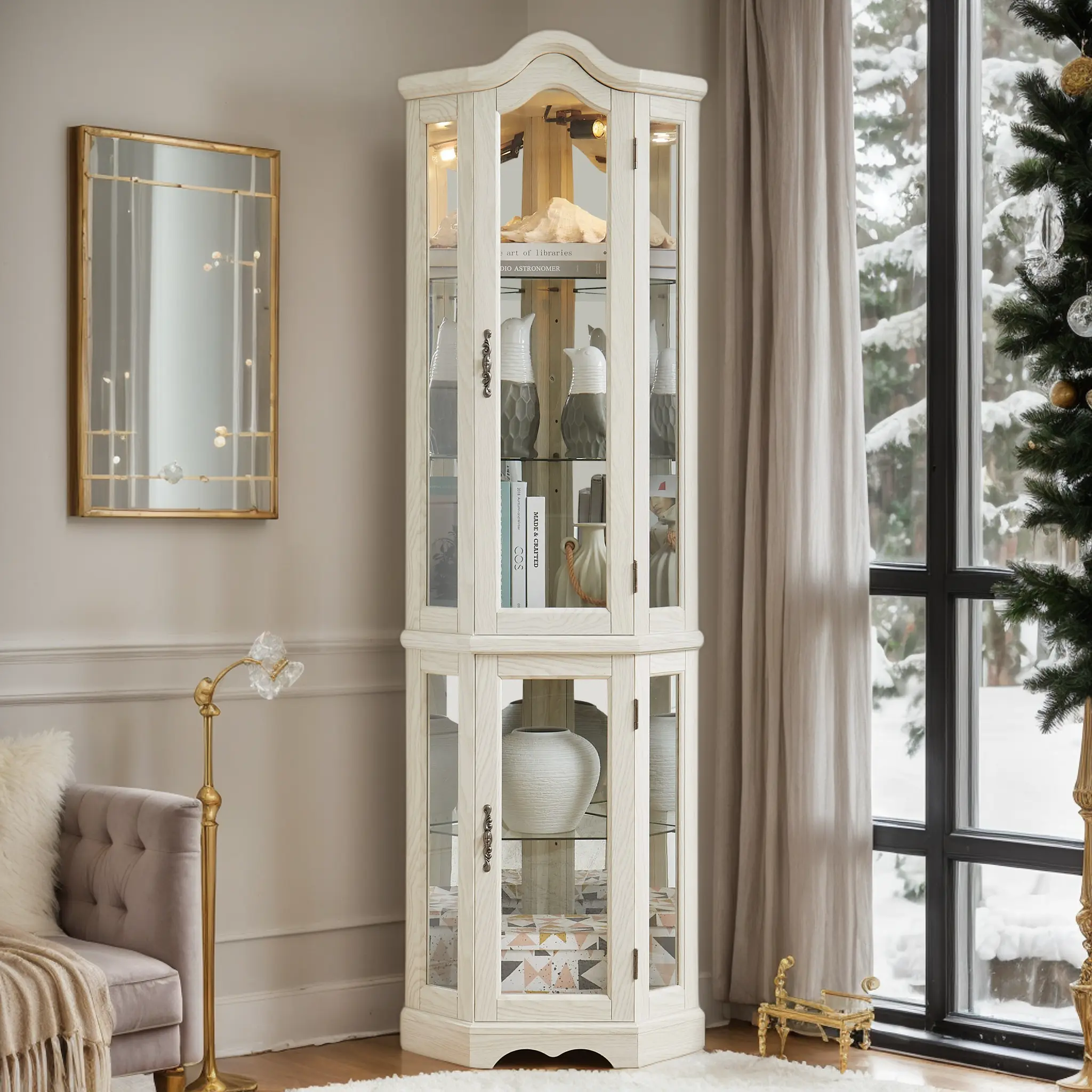 Eyisean 70.5" Arched Corner Curio Cabinet, Wooden China Cabinet with Adjustable Glass Shelves, Lighted Glass Display Cabinet Include Light Bulb, Rack for Living Room, Kitchen,dorm essentials,home decor