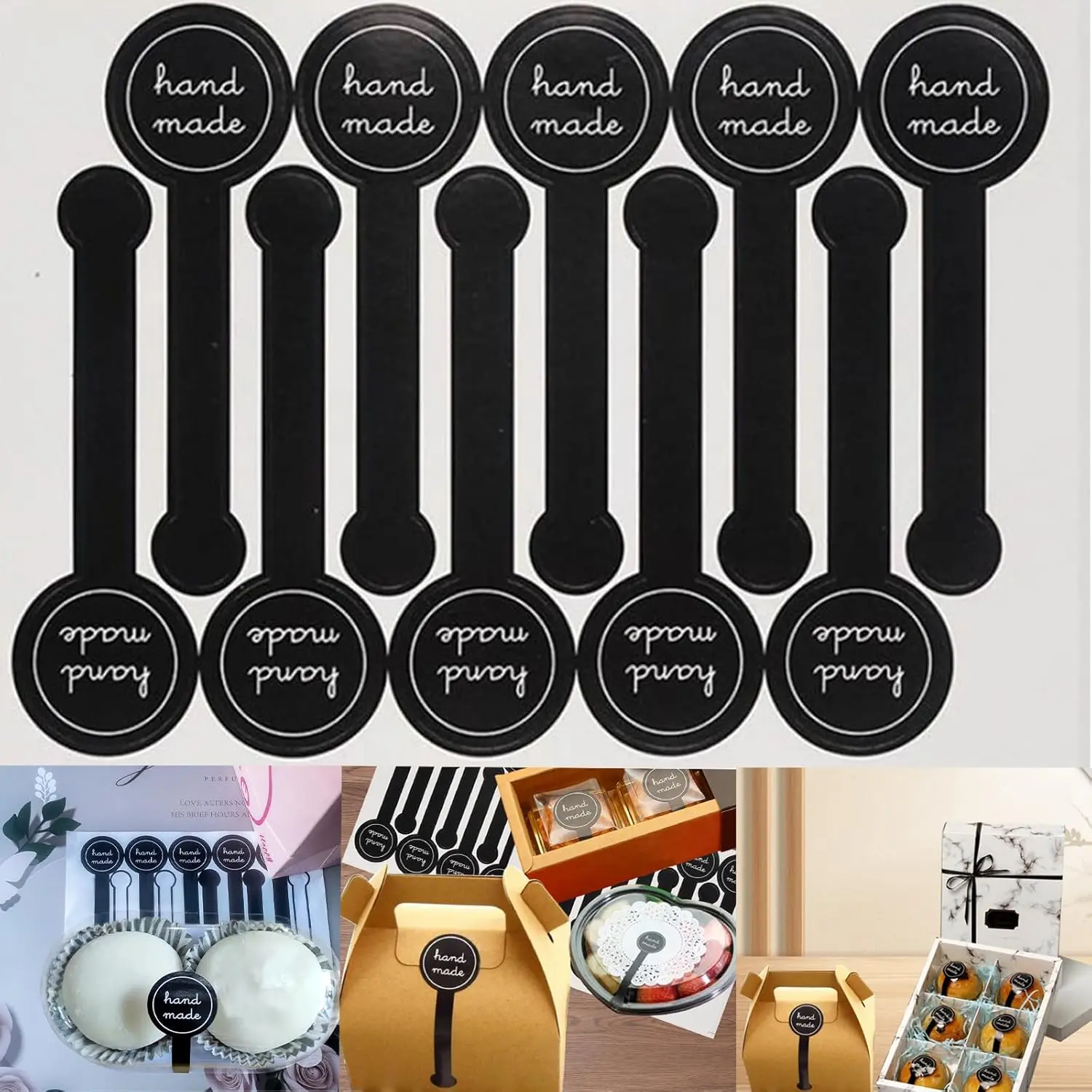 200 count Handmade Lollipop Baking Seal Stickers - Black Hand Made Long Label Stickers, Bakery Cake Box Tamper Evident Stickers, Canned Goods Self-Adhesive Packaging Labels