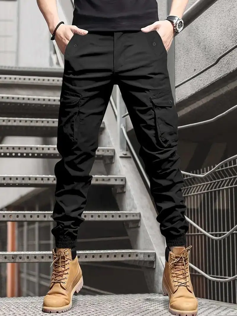 Men’s multi-pocket cargo athletic pants with elastic cuffs; lightweight tactical long pants with an elastic waistband that narrows at the waist; street-style hiking pants for men; multiple pockets; suitable for work, hiking, streetwear; available in vario