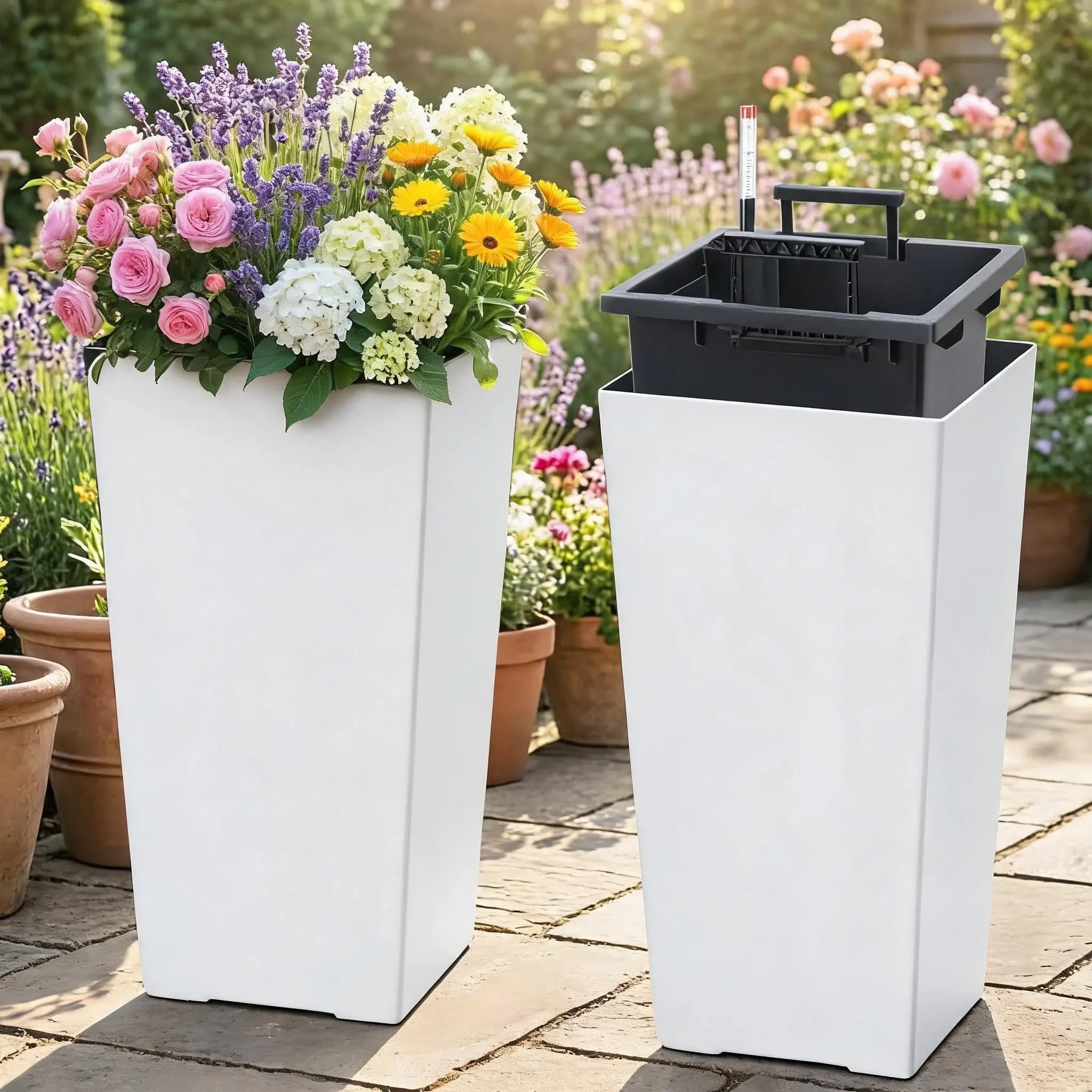 16" Tall Planters Set of 2, Indoor & Outdoor Black Planter Pots, High Front Porch Planters with Drainage Holes, Water Level Monitor, and Inner Bucket