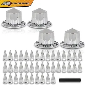 Semi Truck Hub Cover Wheel Set Fit Rear 33mm Nut Covers W/Spiked Removable Caps
