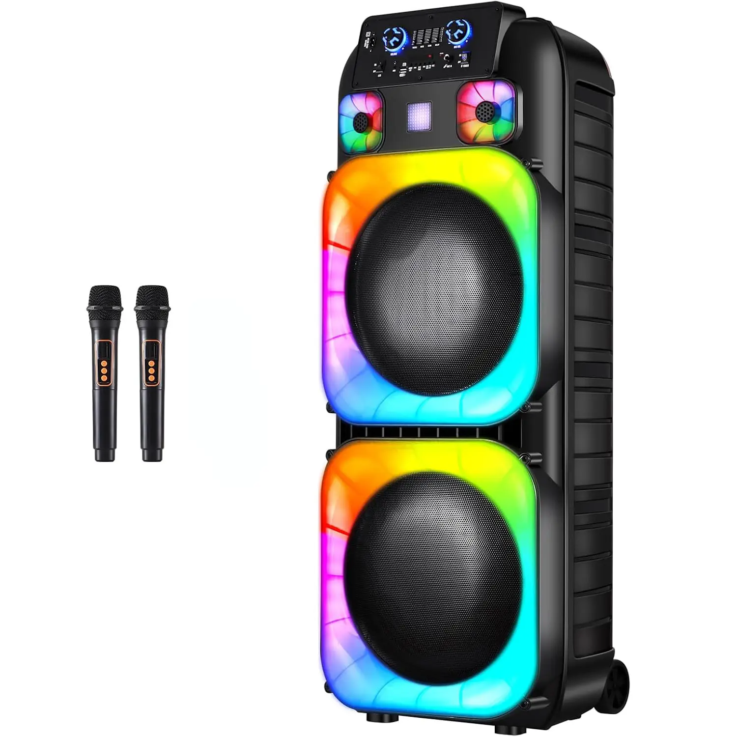 Dual 15" Party Bluetooth Speaker with 7-Color LED Lights, FM Radio | PA System with 2 Wireless Microphones, TWS Pairing, USB/TF/AUX, REC, Bass & Treble Control, Powerful Outdoor Karaoke Speaker