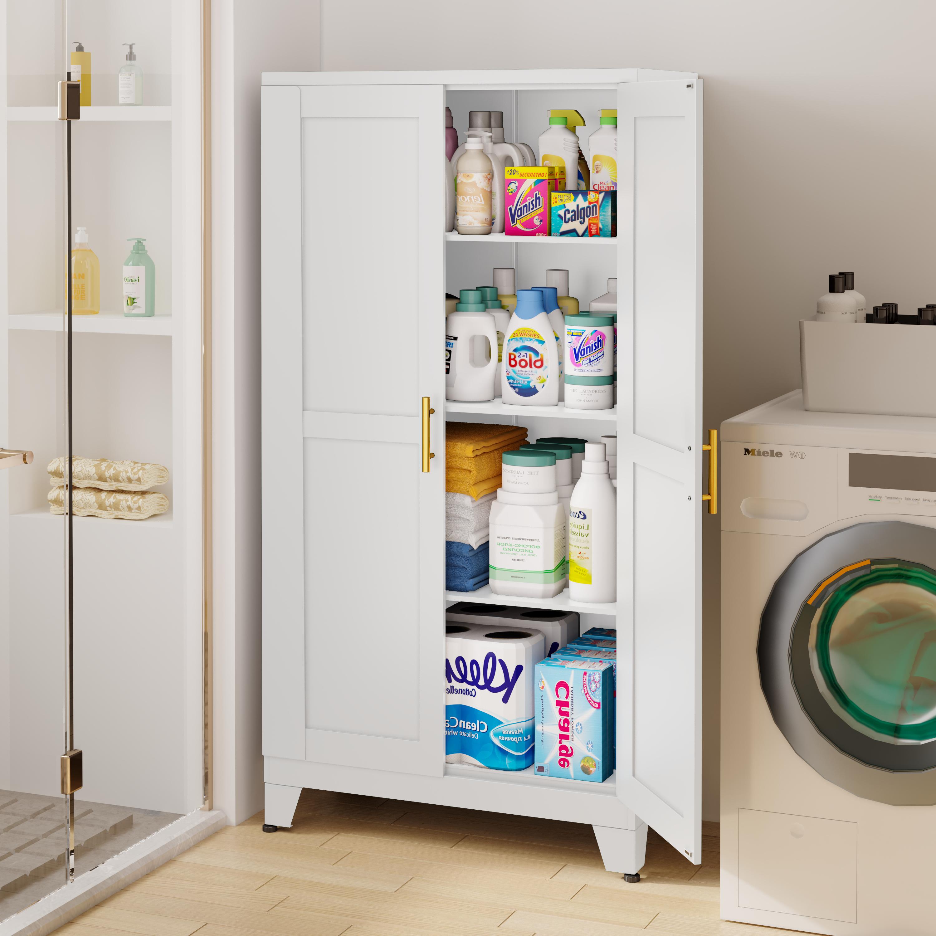 Metal Pantry Cabinet 61" with 2 Doors and Adjustable Shelves Kitchen Storage Cabinet with Gold Handles - Versatile Storage for Kitchen, Bathroom, Dining Room, Utility Room Furniture