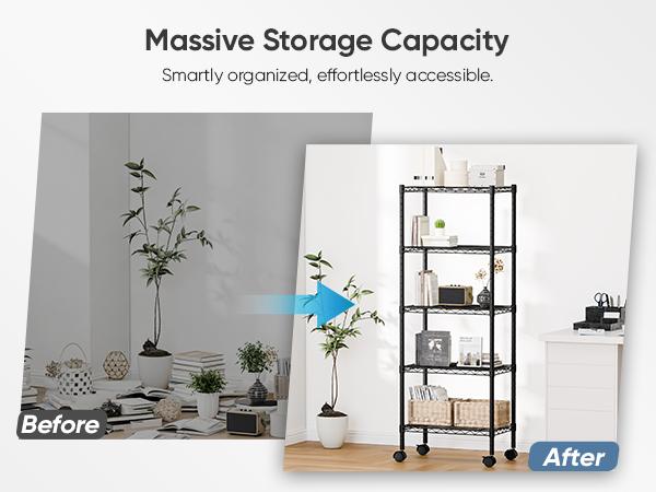 5 Tier Heavy-Duty Adjustable Wire Shelving Unit with Casters Ideal for garages, kitchens, pantries, laundry rooms, and office storage Easy assembly Dimensions: 23“W × 13”D × 60"H Black