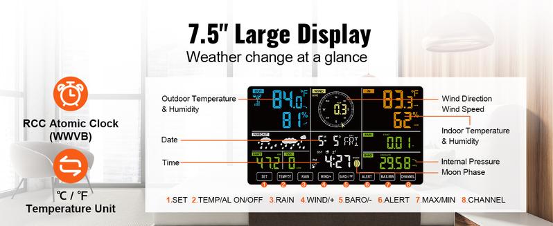 VEVOR 7-in-1 Wi-Fi Weather Station, Various specifications, 7.5 in Color Display, Home Weather Station Indoor Outdoor, with Solar Wireless Outdoor Sensor Alarm Alerts, for Temperature Humidity Wind Speed/Direction Rain
