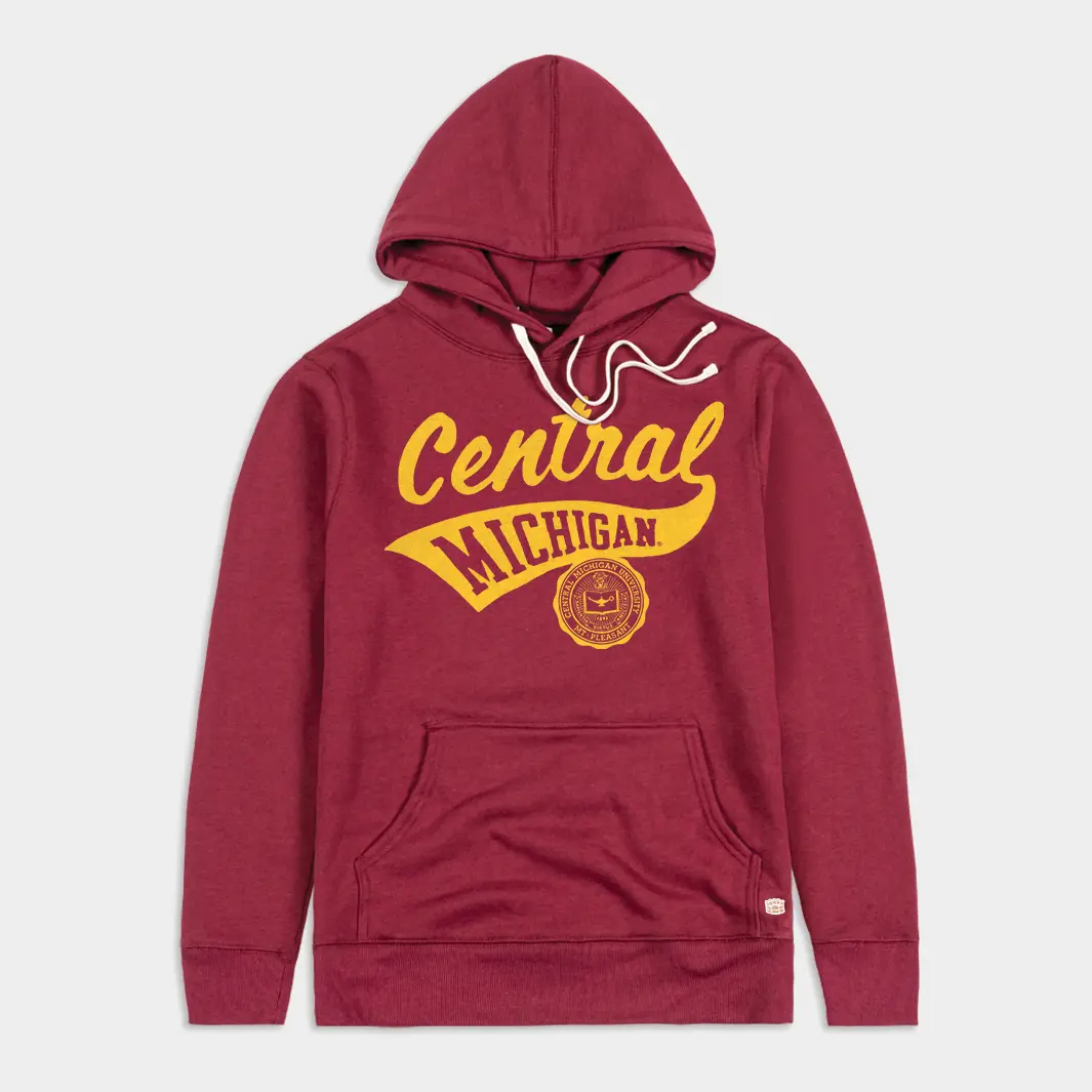 Retro Central Michigan Classic Script and Seal Hoodie, Game Day Ready Shirt, Show Your Michigan Love, Baseball Fans, Trending Us Streetwear, Viral on Tiktok Menswear Long Sleeve Casual Pullover