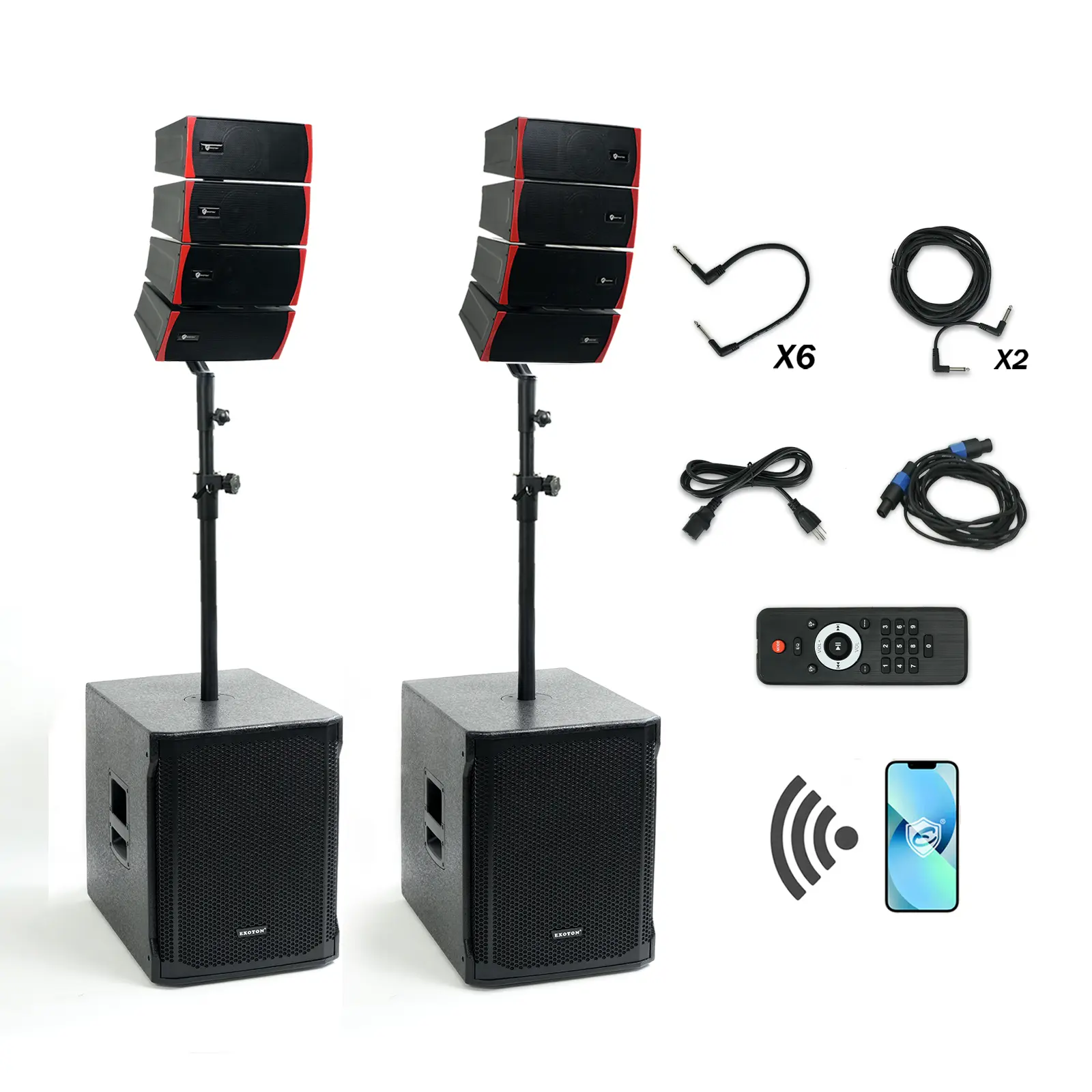 EXOTON LVP-15 15-inch Active Line Array Audio Sound System, 4000W Professional Bluetooth Kit Speakers with 2 Subwoofers, 8 Line Array Speakers, USB/SD Card, Remote Control, 5-Band EQ, Adjustable Android Compatibility, Wood Subwoofer, Built-In Audio Speake