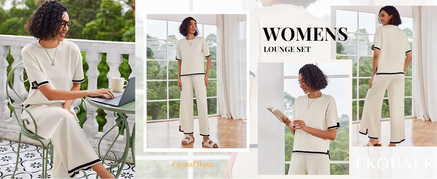 Ekouaer Women's 2-Piece Knit Pajama Set - Short Sleeve Top, Wide Leg Pants with Pockets, Elegant Soft Comfortable Fashion Loungewear Ekouaer Women's 2-Piece Knit Pajama Set - Short Sleeve Top, Wide Leg Pants with Pockets, Elegant Soft Comfortable Fashion Loungewear