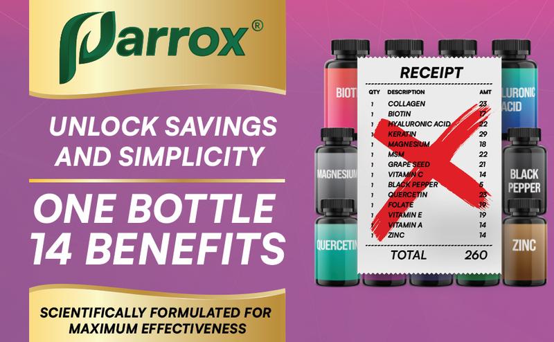 PARROX Collagen Supplement - Type I, II, III, V and X - with Biotin, Keratin, Hyaluronic Acid & 13+ Extra Strength Ingredients - 90 Capsules - MADE IN USA