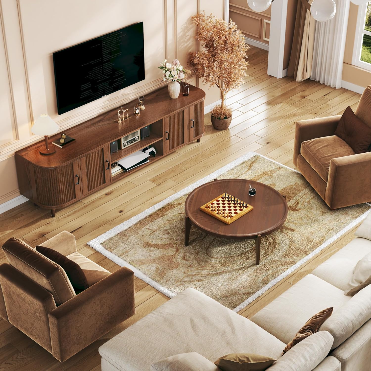 TV Stand for 75 inch TV, Mid Century Modern Entertainment Center for 55/60/65/75 inch TV, with Fluted Door Cabinets & Open Shelves, TV Consoles, Walnut TV Stand for 75 inch TV, Mid Century Modern Entertainment Center for 55/60/65/75 inch TV, with Fluted Door Cabinets & Open Shelves, TV Consoles, Walnut