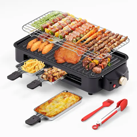 1500W Plug-in Electric Indoor BBQ Grill - 2-in-1 Adjustable Nonstick Grill with Removable Griddle Plate, Temperature Control, 3 Mini Trays, Effortless Cleaning, Even Heat, Fast Cooking for Friends, Dishwasher-Safe Plates