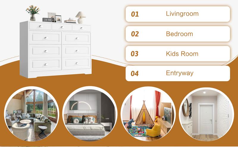 Walsunny Dresser for Bedroom with 9 Drawers, Farmhouse Wood Clothes Storage Cabinet Pantry Bins Organizer for Living Room, Entryway and Hallway, White
