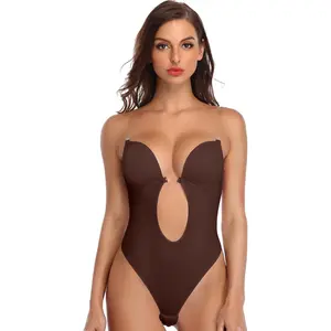 [New Arrivals]U Plunge Backless Shapewear Bodysuit for Women With Built-In Bra Cup Invisible Shaping Corset Bodysuit Underwear for Wedding Party Upgraded, 5 Colors Choose Minimalist Brown Nylon Vneck Lingerie Womenswear Basic Black