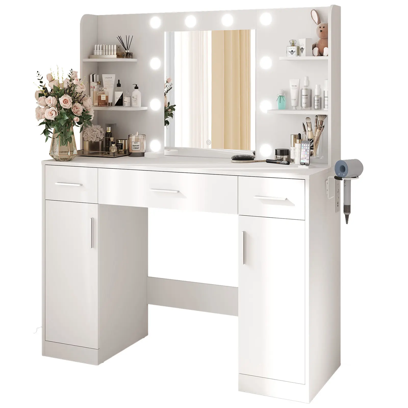 White Vanity Desk with Lighted Mirror & Power Outlet, Makeup Vanity with Drawers, Shelves, Cabinet & Hair Dryer Holder for Bedroom Girls