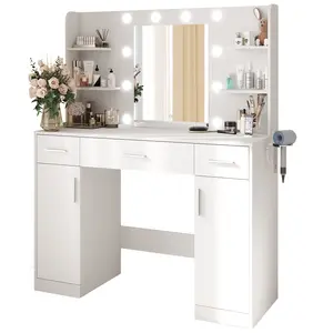 White Vanity Desk with Lighted Mirror & Power Outlet, Makeup Vanity with Drawers, Shelves, Cabinet & Hair Dryer Holder for Bedroom Girls