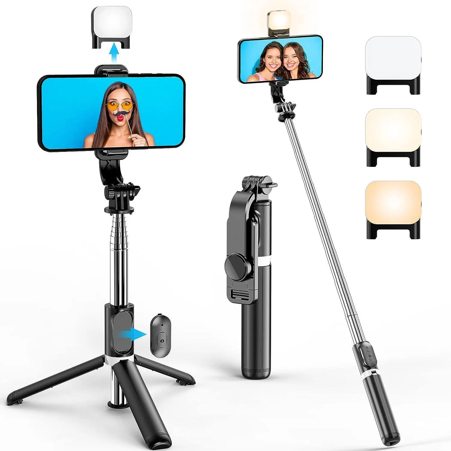 41" Selfie Stick Tripod with Rechargeable Fill Light, Portable Extendable Tripod with Bluetooth Remote, 3 Light Modes, 9 Brightness Levels, Phone Holder for Vlog, Live Streaming