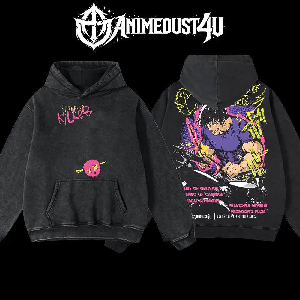 Men's Jujutsu Kaisen Fushiguro Toji Graphic Hoodie, Vintage Oversized Baggy Pullover in Heavyweight Washed Cotton, Anime Streetwear, Apparel