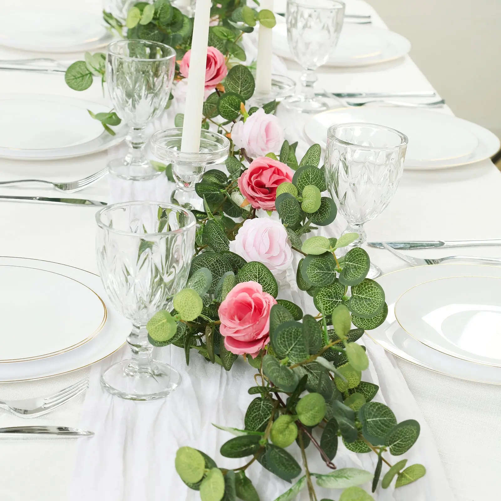 6ft Artificial Eucalyptus Garland with Blush-Dusty Rose Silk Roses, Faux Greenery Vine for Decorative Wedding & Floral Decor, Home Room Ornament, Wedding Decor, Fake Flower Vines, Decorative Flowers