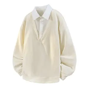 Men’s spring mock two-piece shirt sweatshirt, new old‑money‑style men’s casual top, long‑sleeve men’s sweatshirt, unisex couple matching loose‑fit streetwear collared pullover long‑sleeve T‑shirt, soft and comfortable fabric, suitable for everyday wear