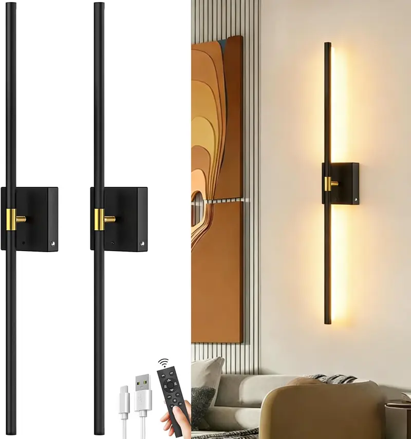 Battery-Operated Wall Sconce Set Of 2 – 6000mAh Rechargeable, RGB Remote, White Fabric Shade, Solid Steel, Black Finish