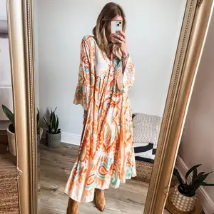 miduo Womens Casual Beach Summer 3/4 Sleeve V Neck Bohemian Tribal Print Flowy Midi Maxi Dresses Womenswear Resort Wear Floral Dress easter outfits women fashion