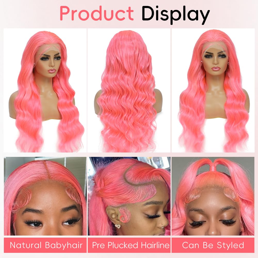 Pink Lace Front Wig Human Hair Body Wave 30 Inch Hot Pink 180% Density HD Transparent Lace Frontal Glueless for Women Natural Look Seamless Hairline Vibrant Style & Color