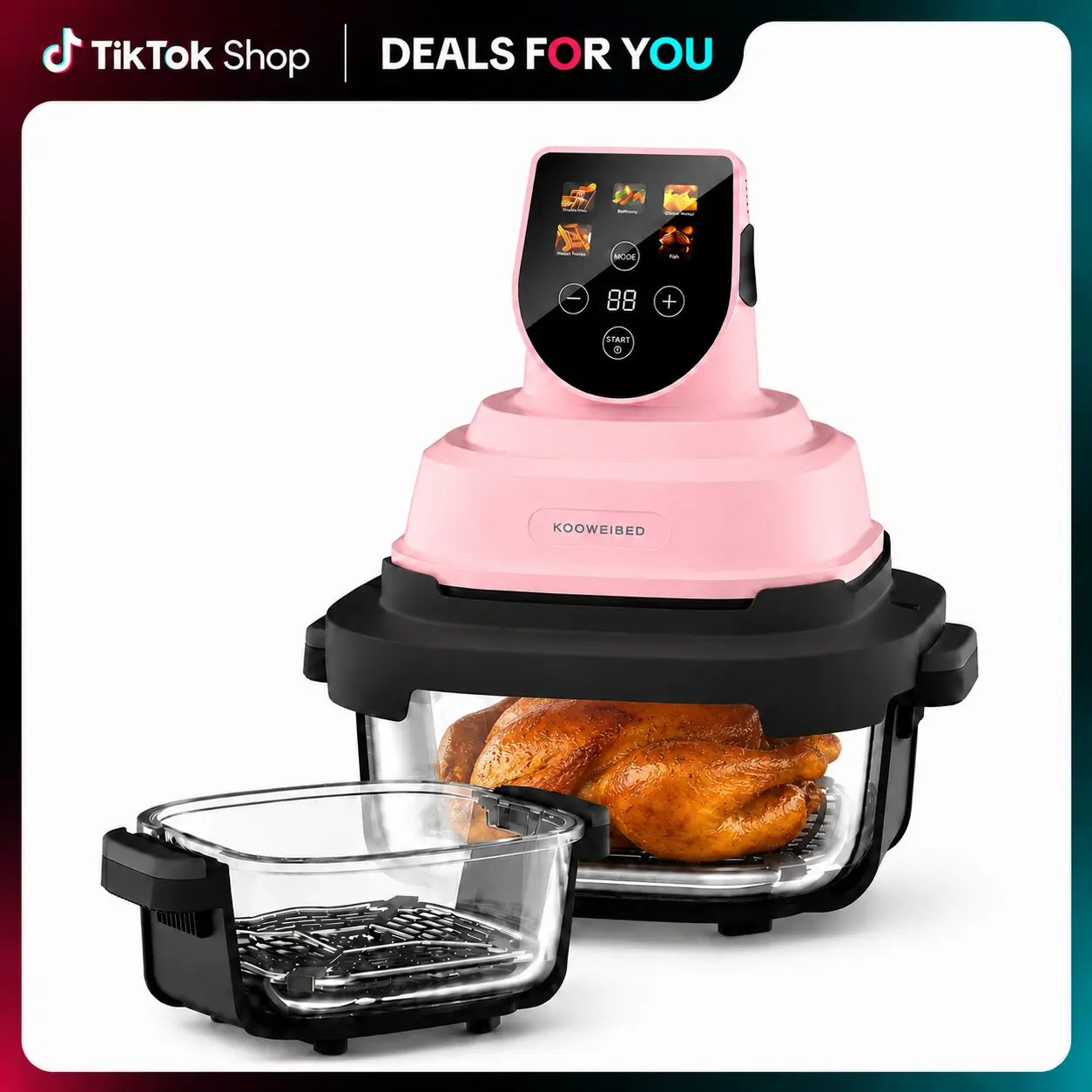 5-in-1 Portable Glass Air Fryer Cooking System, 4QT & 6-Cup Non-Toxic Glass Pots, 1500W Fast Cooking Air Fryer with 90% Less Oil, Dishwasher Safe Compact Air Fryer for Family Meals, Snacks, Fries, Chicken & Single Servings