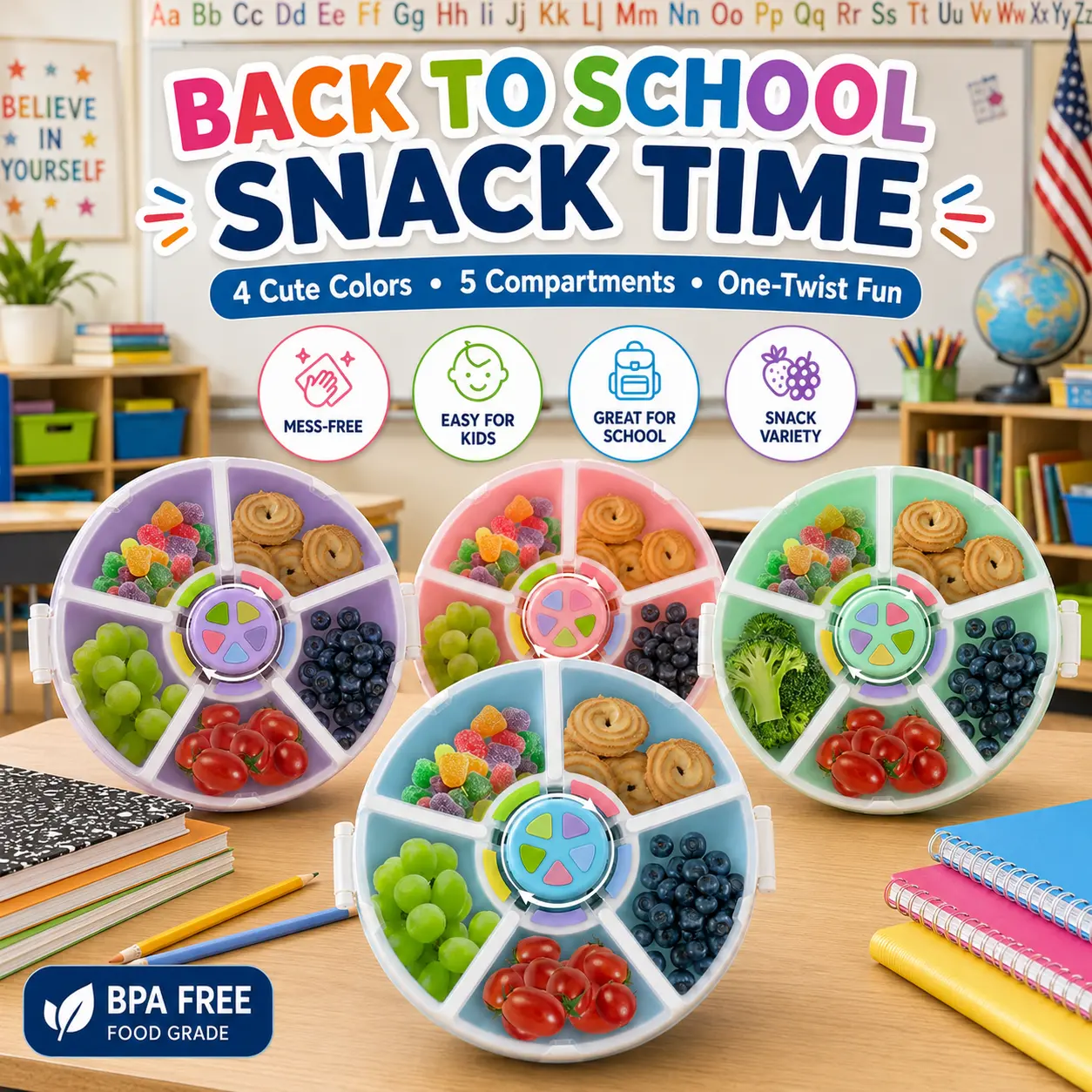 Kids Reusable Rotating Snack Container with 5 Separate Compartments, Color Matching Opening Lid, BPA/PVC-Free, Dishwasher Safe, Perfect for Travel, School Lunches & On-the-Go Snacking Tableware