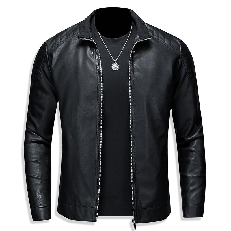 Men'S Faux Leather Bomber Jacket with Multiple Zipper Pockets - Stand Collar, Zip Closure, Polyester Lining, Regular Fit, Mature Style, Casual Outerwear|Stylish Bomber Jacket|Zippered Jacket