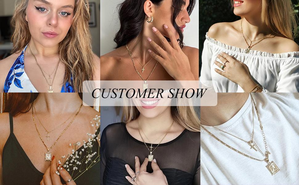 KissYan Gold Layered Initial Cross Necklace, 14K Gold Plated Layering Square Letter Pendant Figaro Chain Cross Choker from A-Z Capital Jewelry for Women Girls & Jewelry Mothers Day Gift Ideas DealsForYouDays,summeroutfits,vacationoutfits,beachoutfits