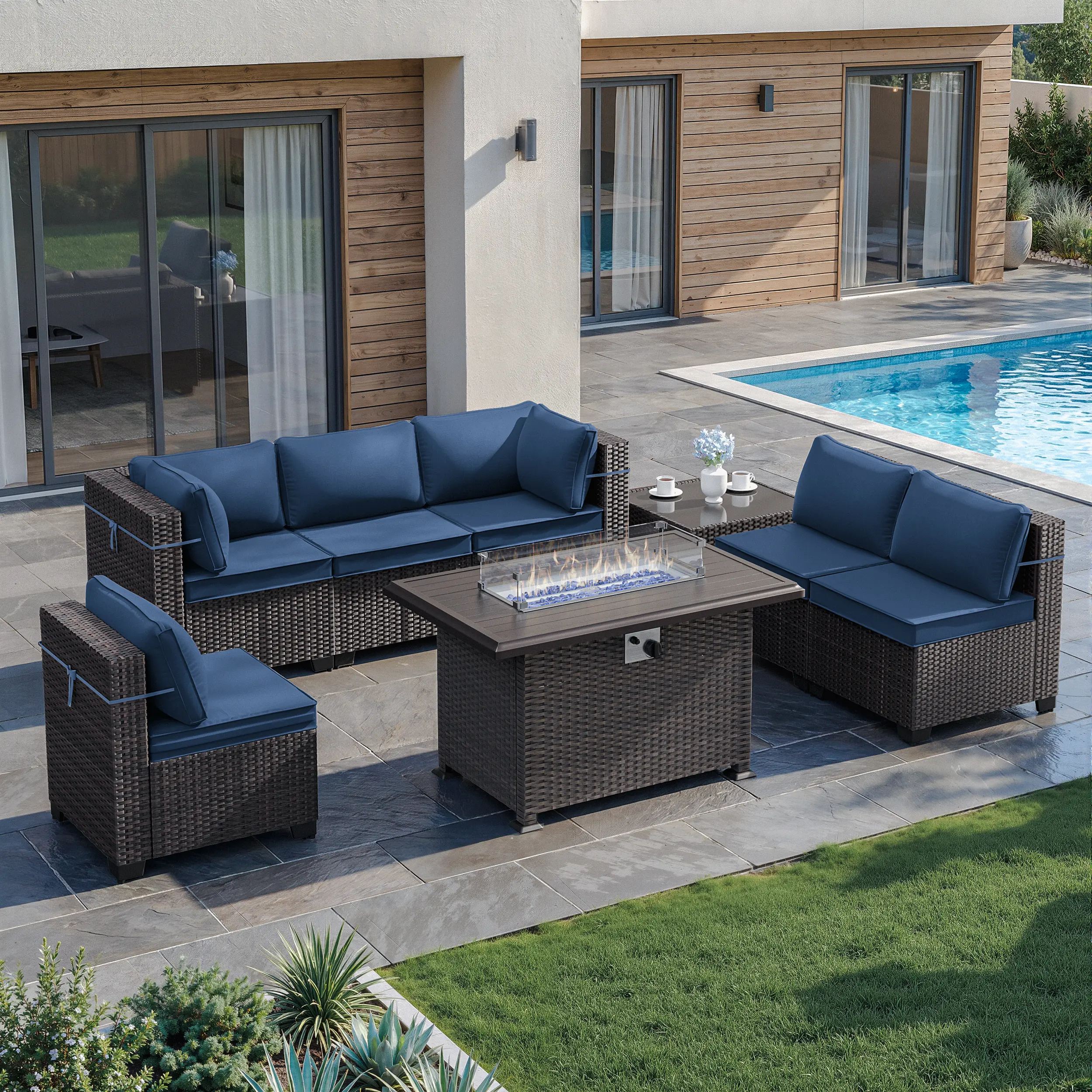 [5 packages delivery]Kullavik 8 Pieces Outdoor Patio Furniture Set with 43" 55000BTU Gas Propane Fire Pit Table PE Wicker Rattan Sectional Sofa Patio Conversation Sets