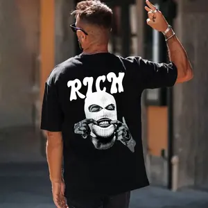 Men's "RICH Ski Mask" Oversized Graphic T-Shirt, Black Streetwear Back Print Tee, Bold Ski Mask & Typography Casual Top, Unisex Hip-Hop Inspired Streetwear Shirt