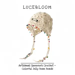 【LUCE&LOOM】Boho Hand-Crochet Beanie with 3D Floral & Colorful Beaded