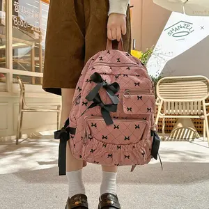 Women’s Cute Corduroy Backpack, Korean Bow Stripe Design Large Capacity Casual School Backpack