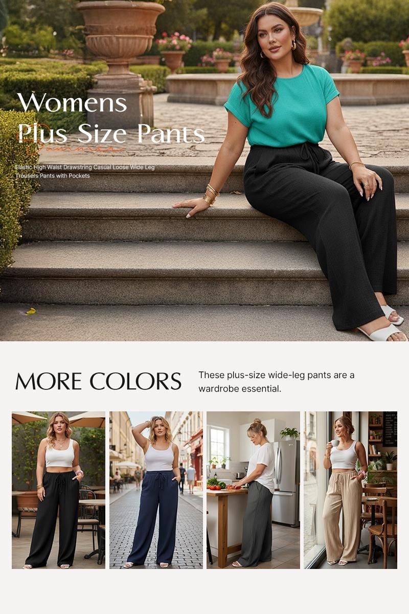 Eytino Womens Plus Size Pants Summer Elastic High Waist Drawstring Casual Loose Wide Leg Trousers Pants with Pockets(1X-8X)