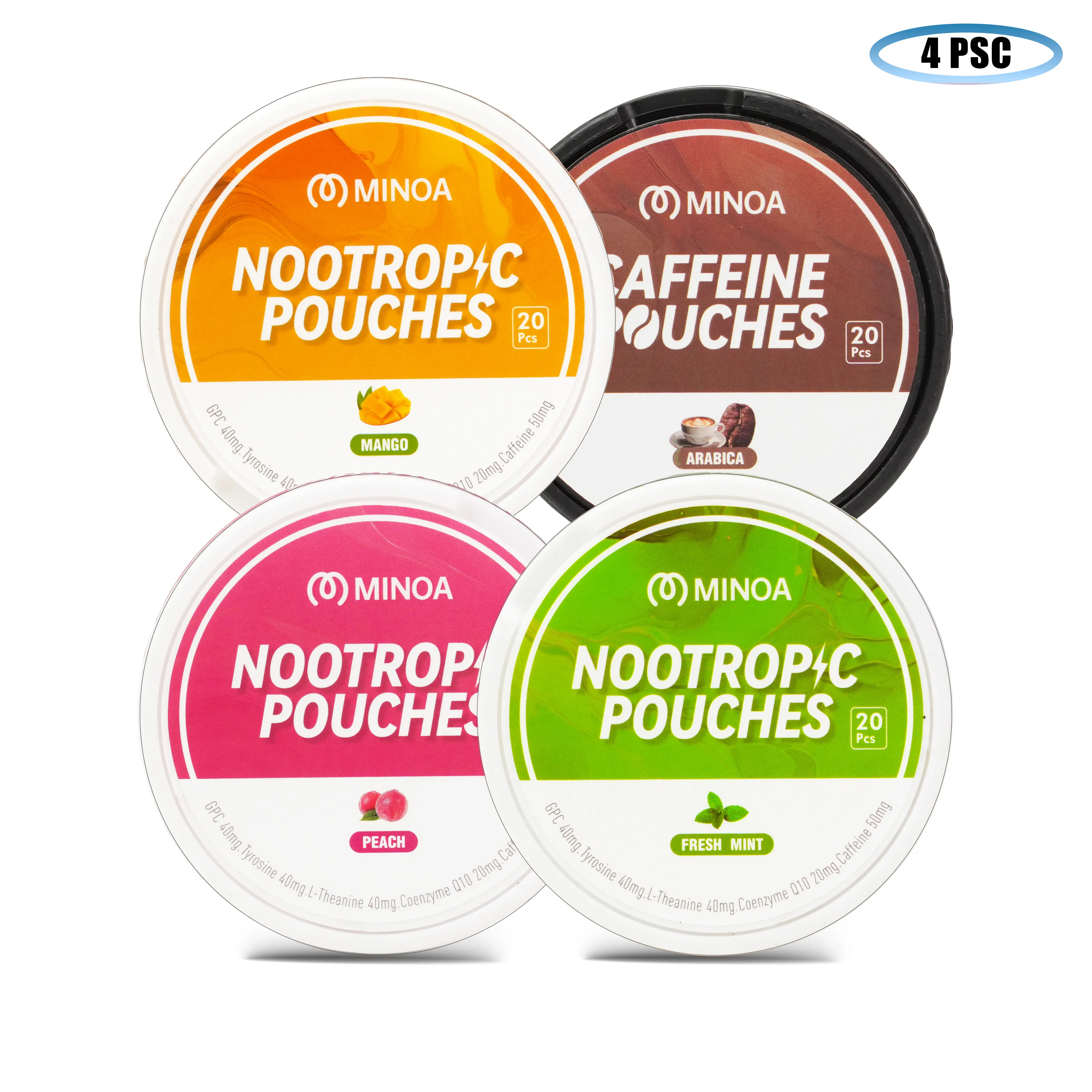 MINOA Caffeine Nootropic Pouches, No Sugar, Zero Calories, 4-Variety Pack, 20-Pouches Per Can, 50mg Caffeine Pouches, Coffee & Energy Drink Alternative, Replacement/Alternative for Focus and Brain Fuel.