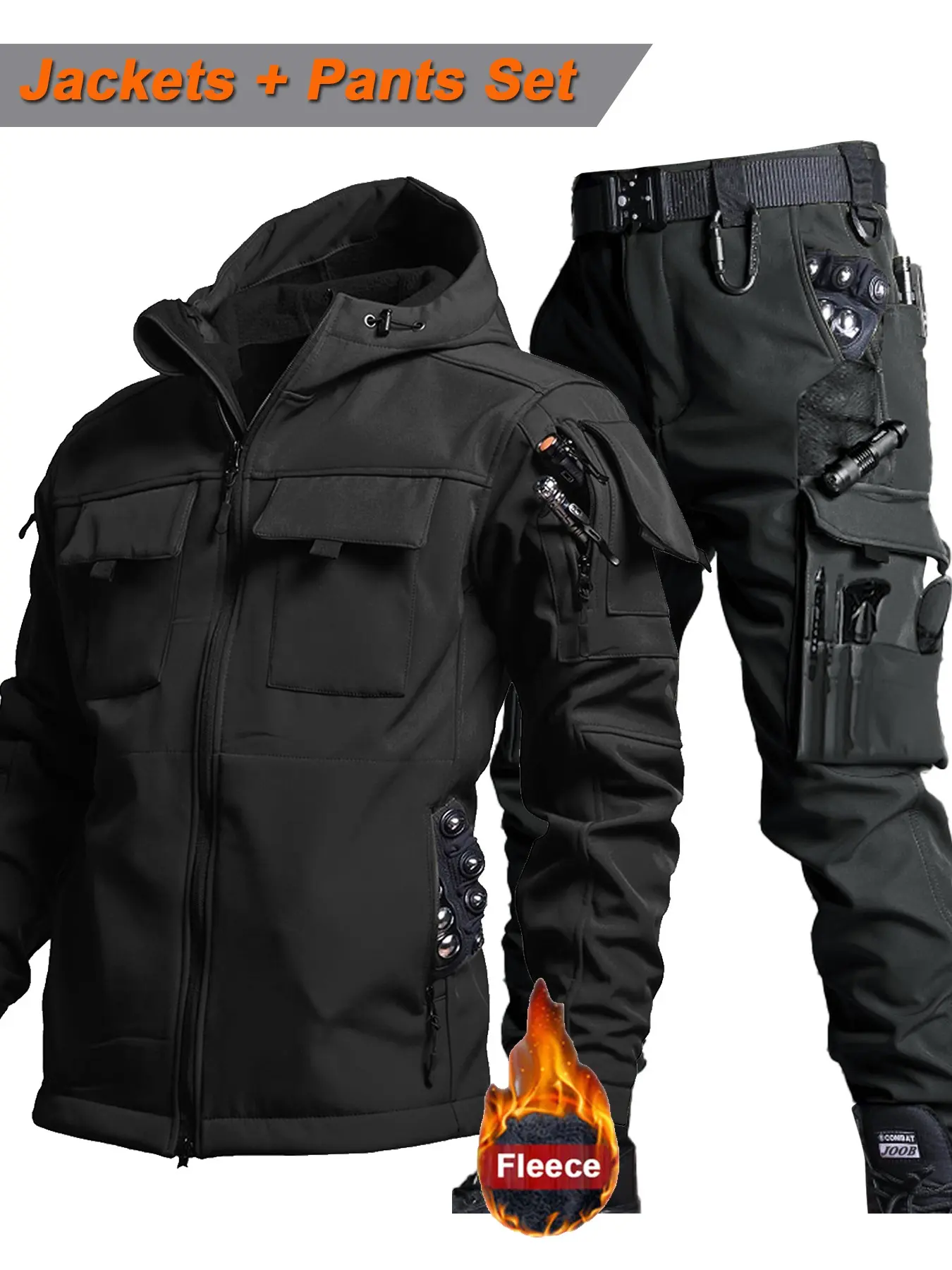 Men's Tactical Soft Shell Set,Winter Fleece Lined Outdoor Hooded Jacket + Gargo Pants Suit, Multi Pocket Windproof Waterproof Workwear for Fishing & Hiking Adventure