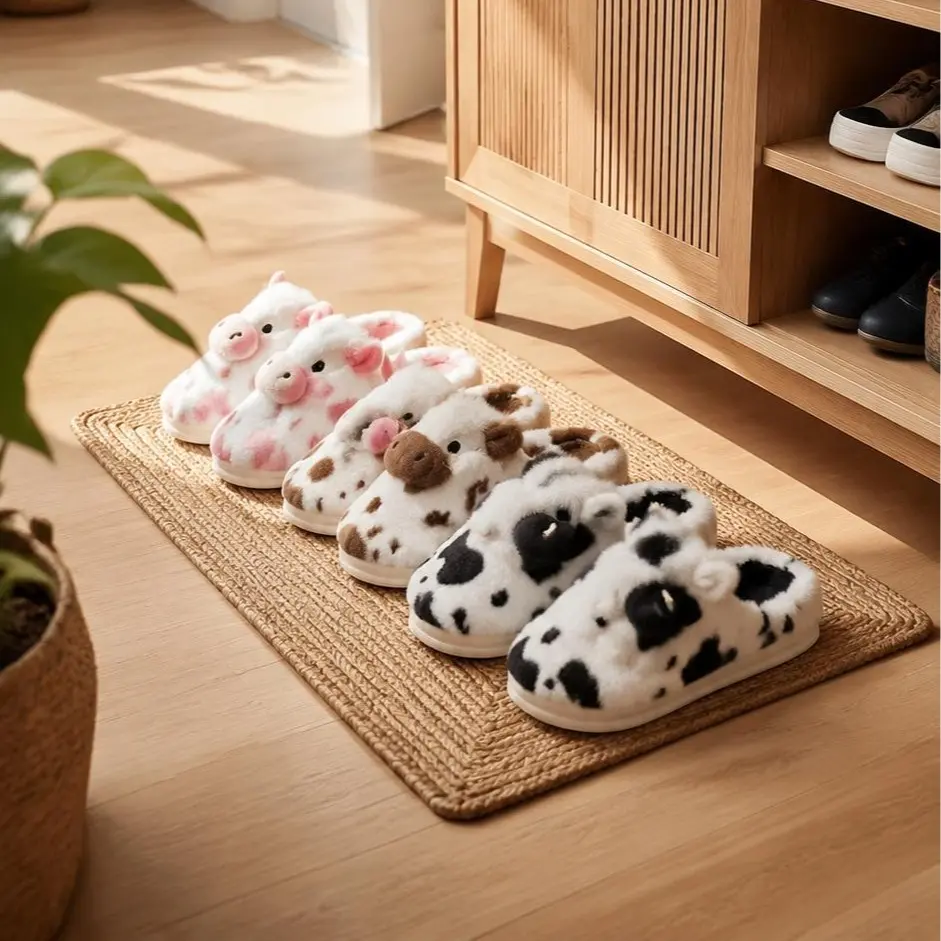 Women's Cute Cow Plush Sports Slides - Soft Fuzzy, Warm Cozy, Non-Slip Rubber Slippers for Casual Sweet Living Room Use, Ideal for Friends Gifting