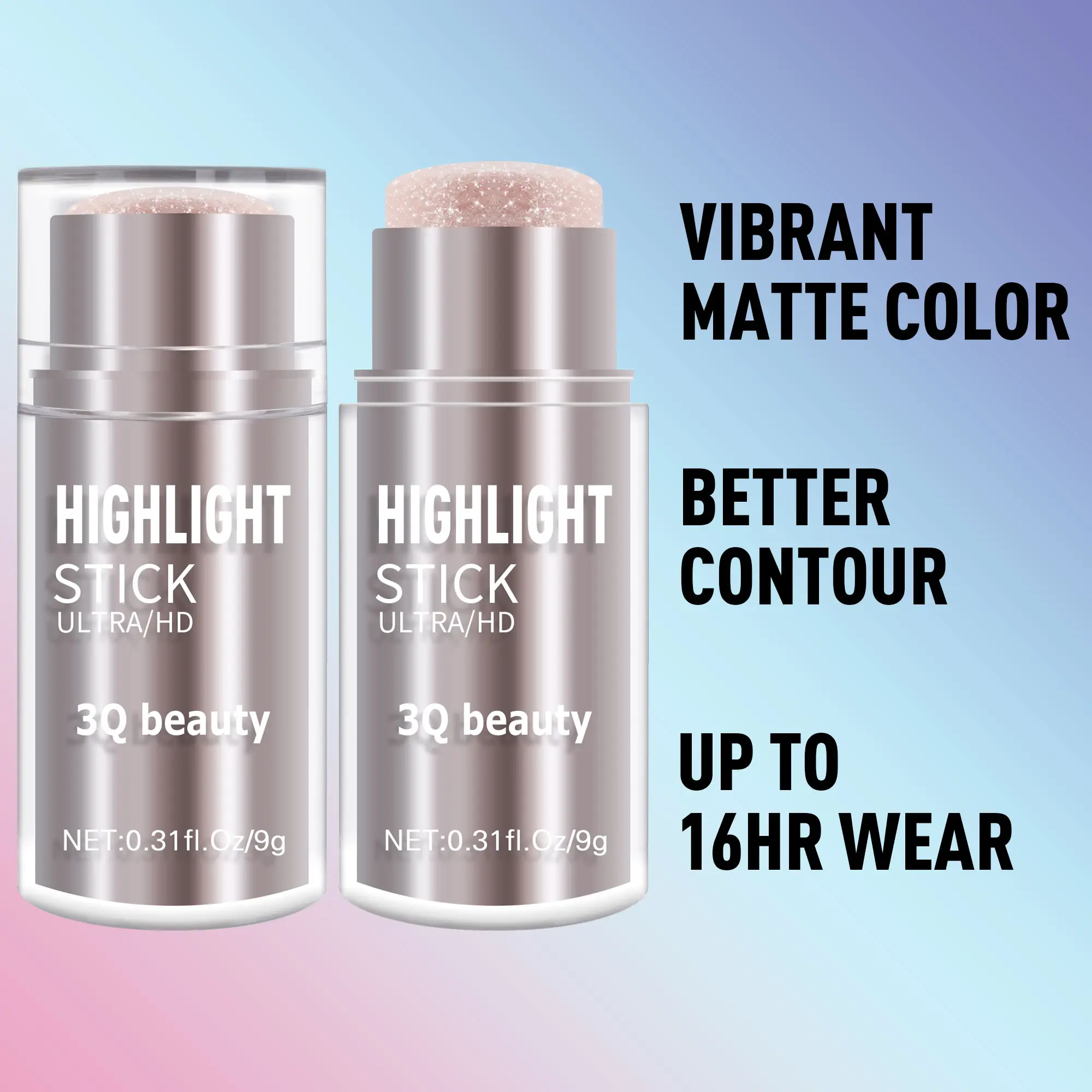 3Q Beauty Highlight Stick, Ultra HD Shimmer Highlighter Stick, Multi-Use Face & Body Highlighter, Smooth Non-Greasy Buildable Contour Stick Makeup for All Skin Tones