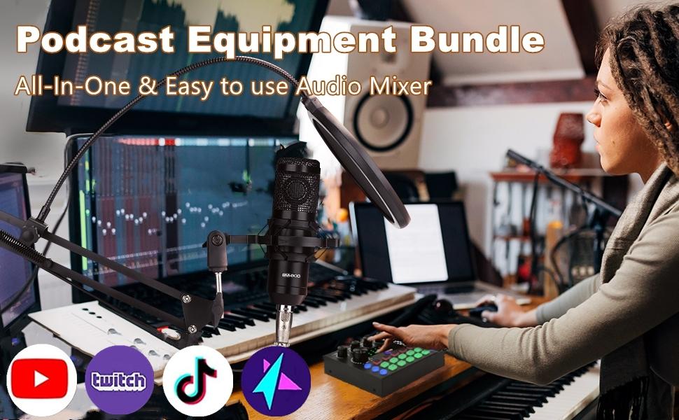 Safring Podcast Equipment Bundle, BM800 Podcast usb rechargeable Microphone Bundle with V8s Voice Changer, Condenser Microphone Recording Studio Package for Podcasting Live Streaming Singing PC Mobile TikTok YouTube dynamic mic sound card desk clamp