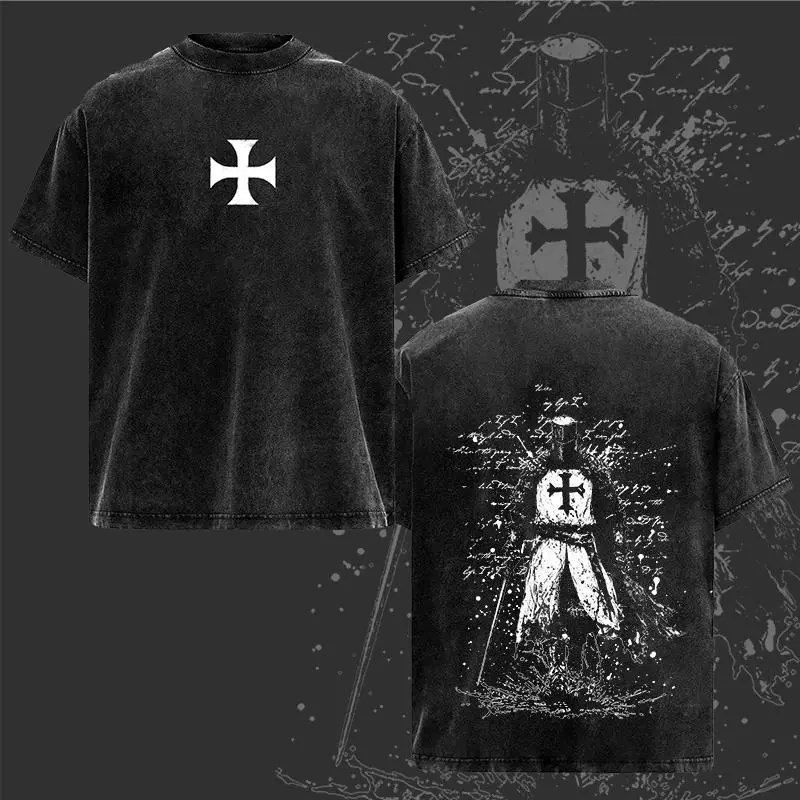 Crusader Knight Graphic Tshirt, Unisex Distressed Vintage Streetwear Top, Festive Shortsleeve Menswear Gift, Round Neck
