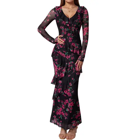 OYS Women's Fall Long Sleeve V Neck Floral Ruffle Maxi Dresses Formal Bodycon Cocktail Wedding Guest Dress