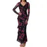 OYS Women's Fall Long Sleeve V Neck Floral Ruffle Maxi Dresses Formal Bodycon Cocktail Wedding Guest Dress