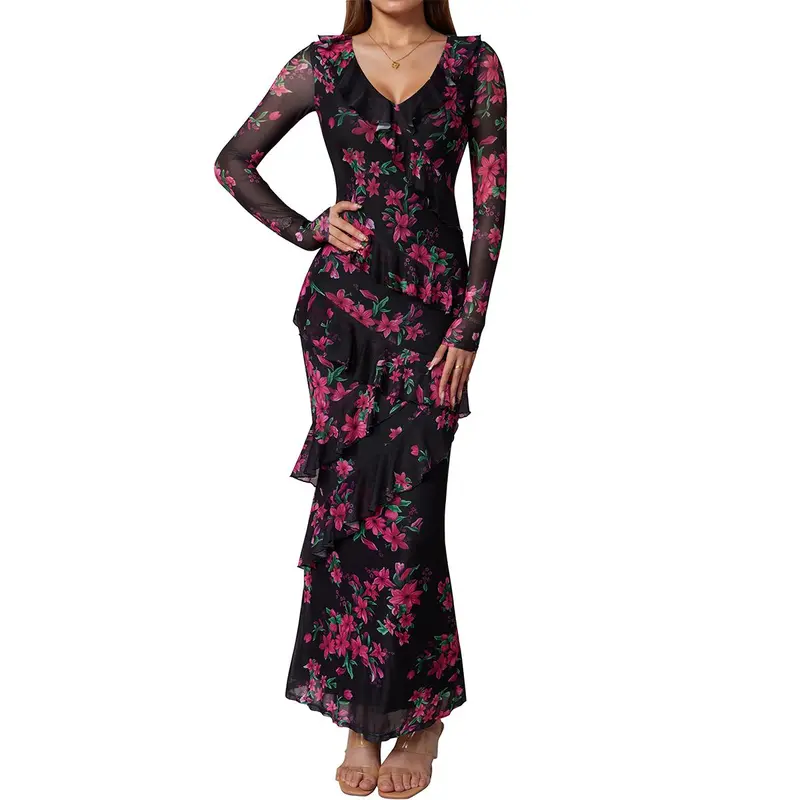 long dresses for a summer wedding Olivaceous Stella Dusty Blue Floral Tiered Ruffle Maxi Dress - Size S - Boho - Plunge - V-Neck - homecoming -sorority - formal - wedding guest main image 1