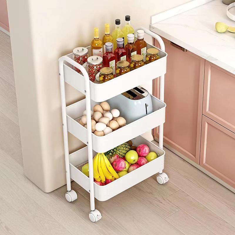 3 Tier Rolling Cart, Metal Utility Cart with 4 Hooks Storage Cart on Wheels Craft Cart with Handle for Organizer Storage for Classroom Office Dorm Home Pink and white.