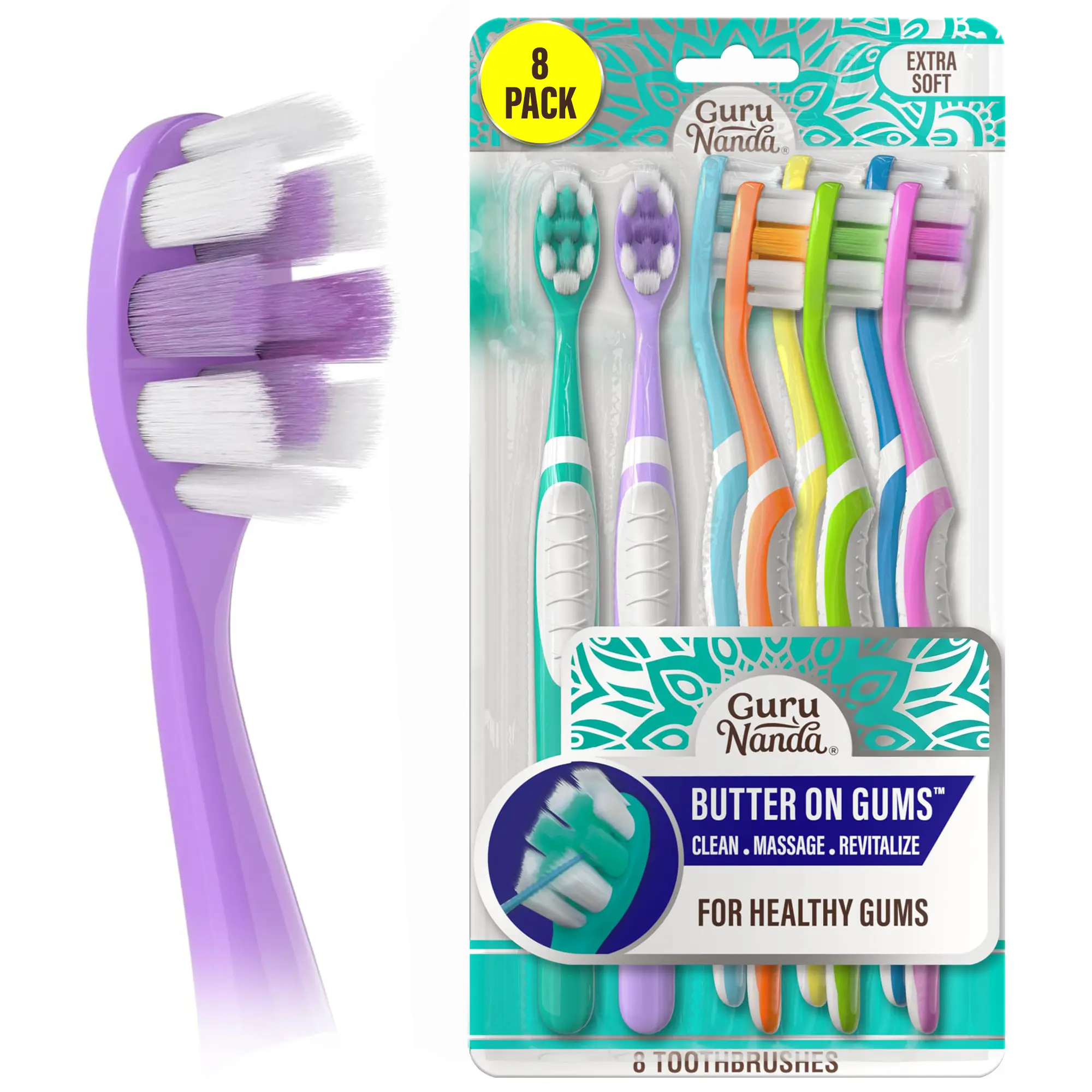 GuruNanda Butter On Gums Toothbrush with 8000+ Ultra Soft Softex Bristles for Sensitive & Receding Gums, ADA Accepted, 8 Ct