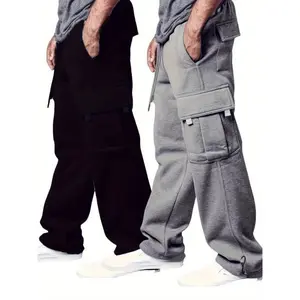 2pcs, Men's Solid Loose Fit Cargo Pants With Multiple Flap Pockets, Casual And Classic Sweatpants For Sports Outdoors Activities, Winter & Fall Holiday gifts Ideal Gift for Fabric Menswear Polyester Stretch Trouser Beige