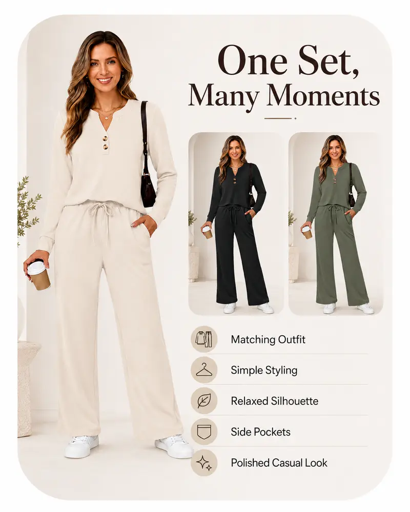 Wiholl Women's 2-Piece Fashion Lounge Set - Long Sleeve Top & Pants, Wide Leg Palazzo, Casual Set for Fall Travel Airport Outfits