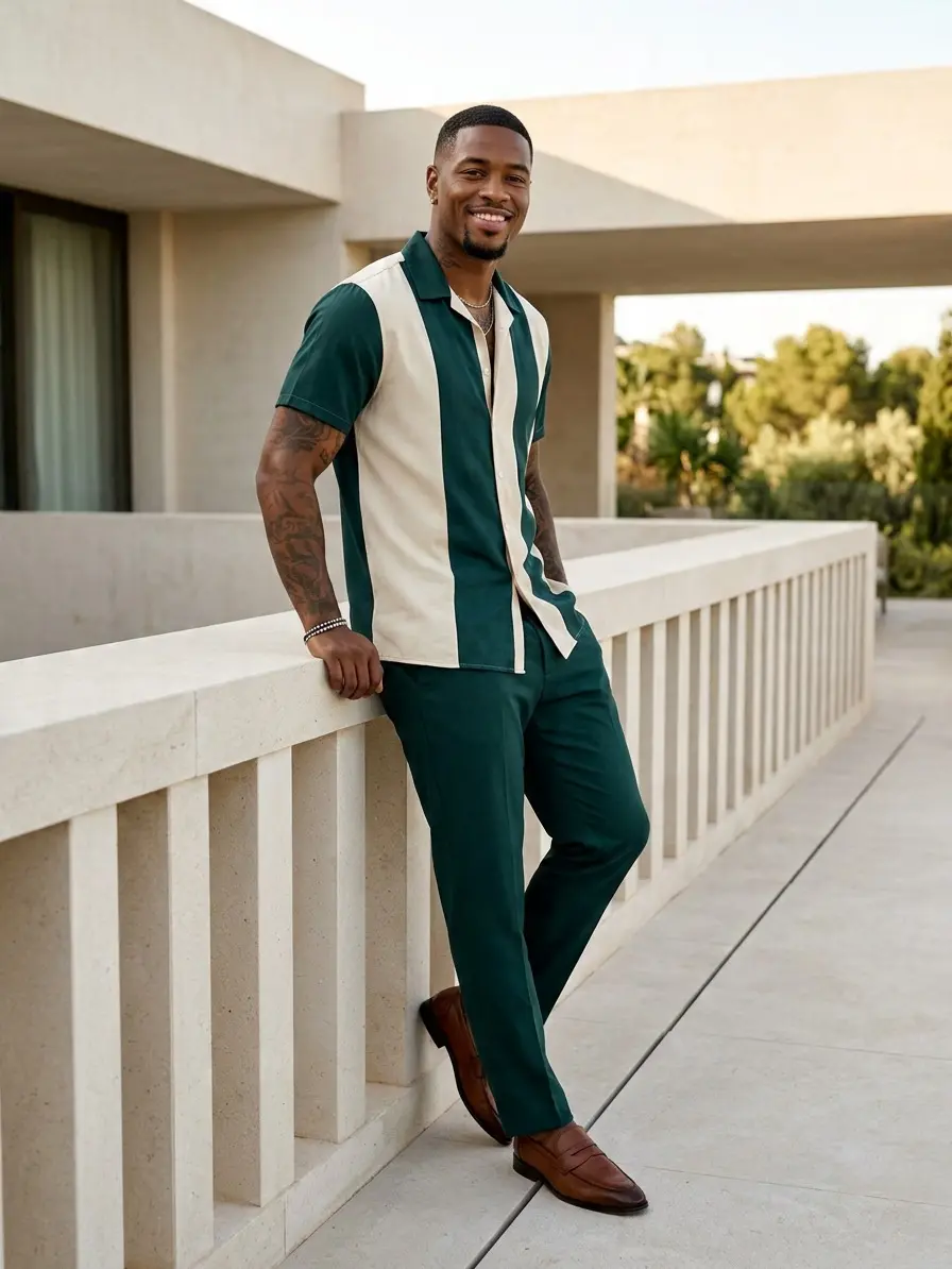 Men’s Two-Tone Summer Set – Short Sleeve Button-Up Shirt & Tailored Pants | Lightweight, Breathable Streetwear Outfit