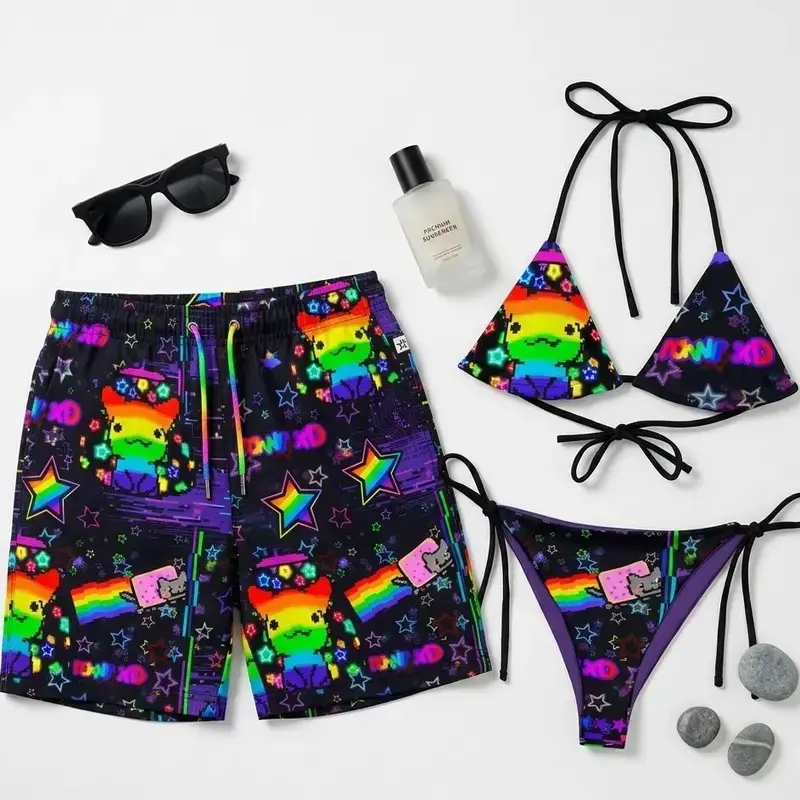 Matching Couple Y2K Scene Rave Rainbow Bikini & Swim Trunks – Custom Cyber Graphic Swimsuit Set, Emo Alternative Festival Beachwear, Summer Pool Party Outfit